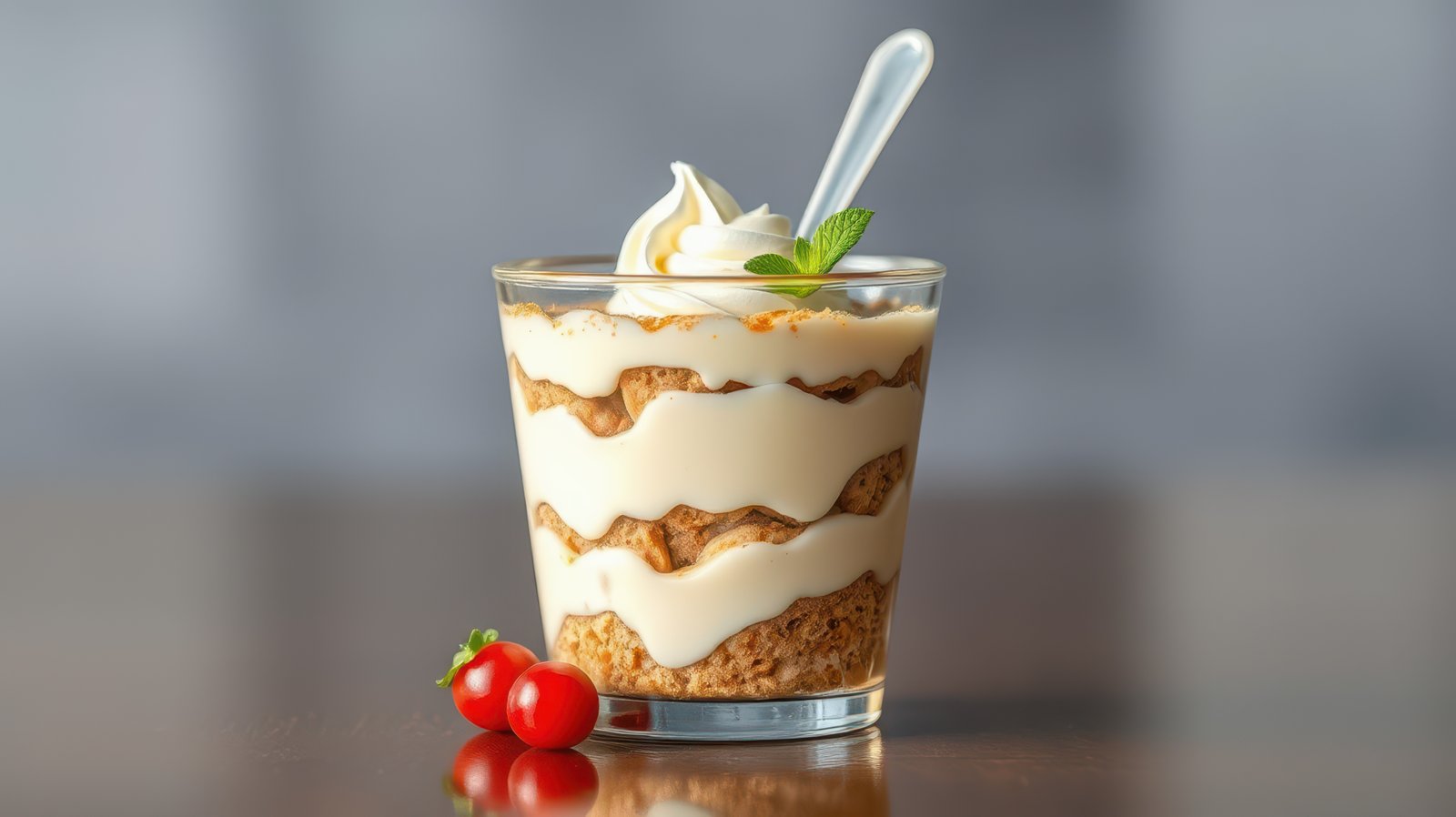 Creamy dessert layered with cookies and whipped topping served in a glass with cherry garnish